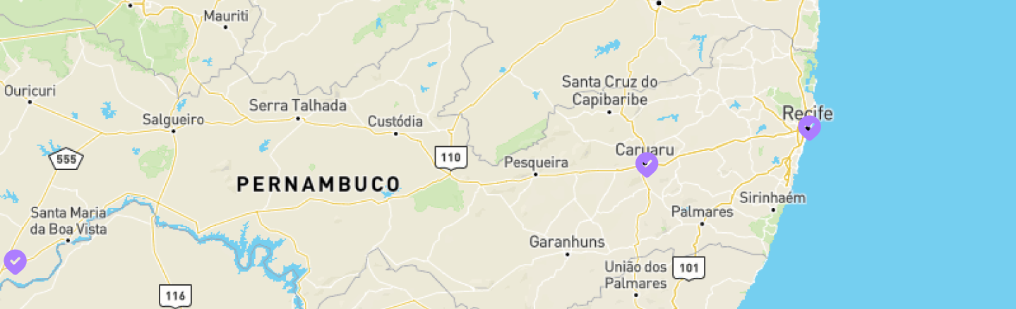 Mapa de Pernambuco com marcações dos polos regionais
